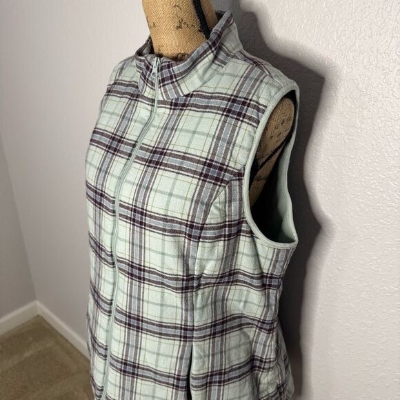J Jill Blue Plaid Curved Hem Puffer Vest Size L Pockets Fleece Lined Cozy Preppy - Picture 2 of 11